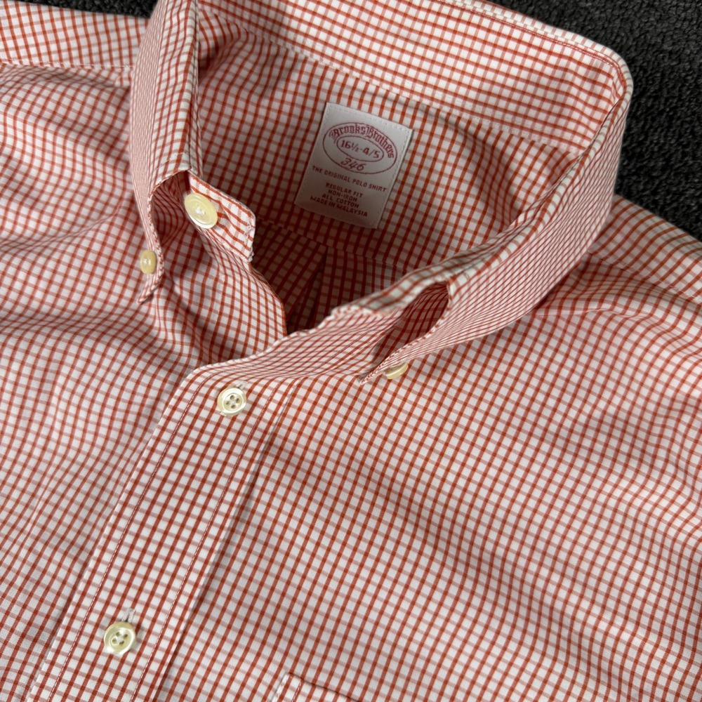 Brooks Brothers Button Down Mens 16.5 34/35 346 Regular Fit Orange Gingham EUC